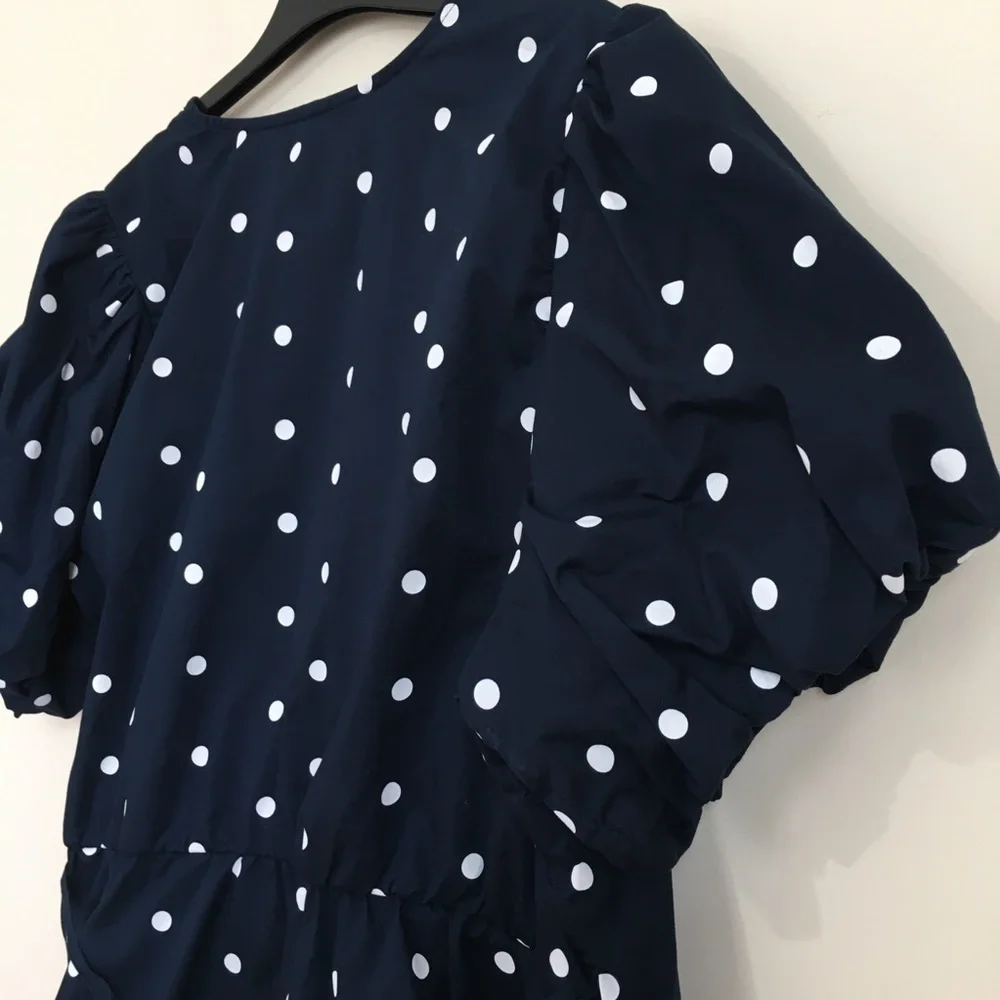 Old Navy Navy White Dots Waist Defined Puff Short Sleeve Tie-Wrap Blouse